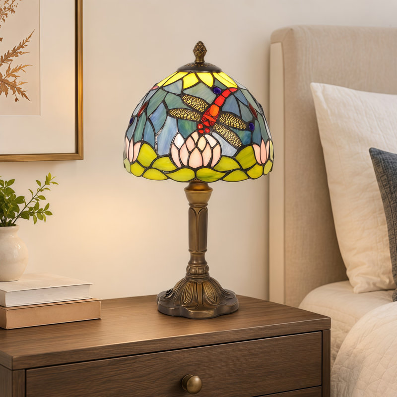 14.17in Dragonfly & Lotus Table Lamp, US Plug Inline Switch with E26 Warm Bulb Included