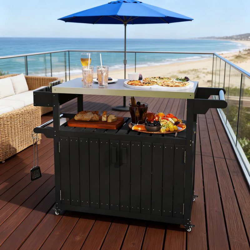 Chariot-bar extérieur portatif et îlot de cuisine avec rangement et plateau de table | Idée de cadeau, Noir