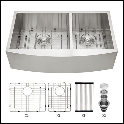 Évier de cuisine en acier inoxydable 33 po x 20 po à tablier frontal encastrable à double cuve de calibre 18 avec deux cuves profondes de 9 po