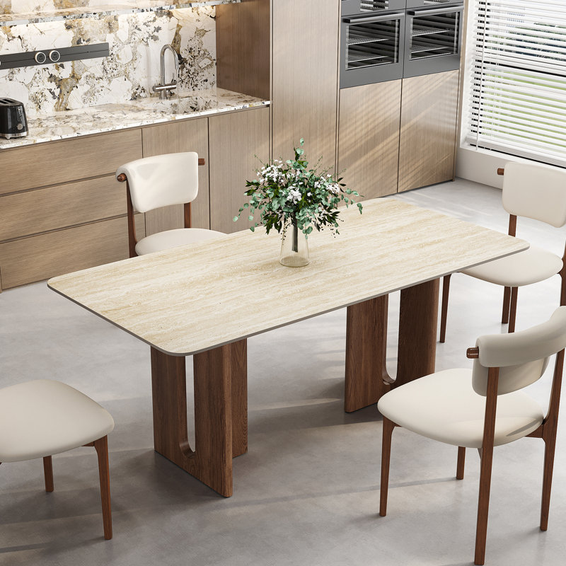 63'' Rectangular Dining Table For 4-6, Stone Dining Table With Wooden Double Base