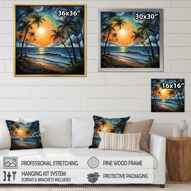 Beach Tropical Vibes Pointillism I - Beach Canvas Wall Art, Cadre flottant doré, H 36 po x l 36 po x P 1,5 po