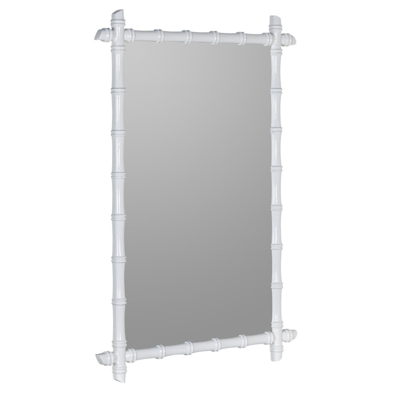 Glossy White Bamboo-Inspired Rectangular Wall Mirror