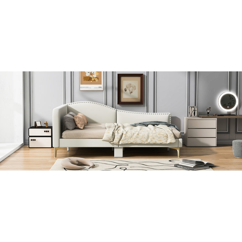 Full Size Daybed With Headboard, Armrest And Support, Beige Fabric - Versatile Furniture Elegant Strong Headboard, Beige