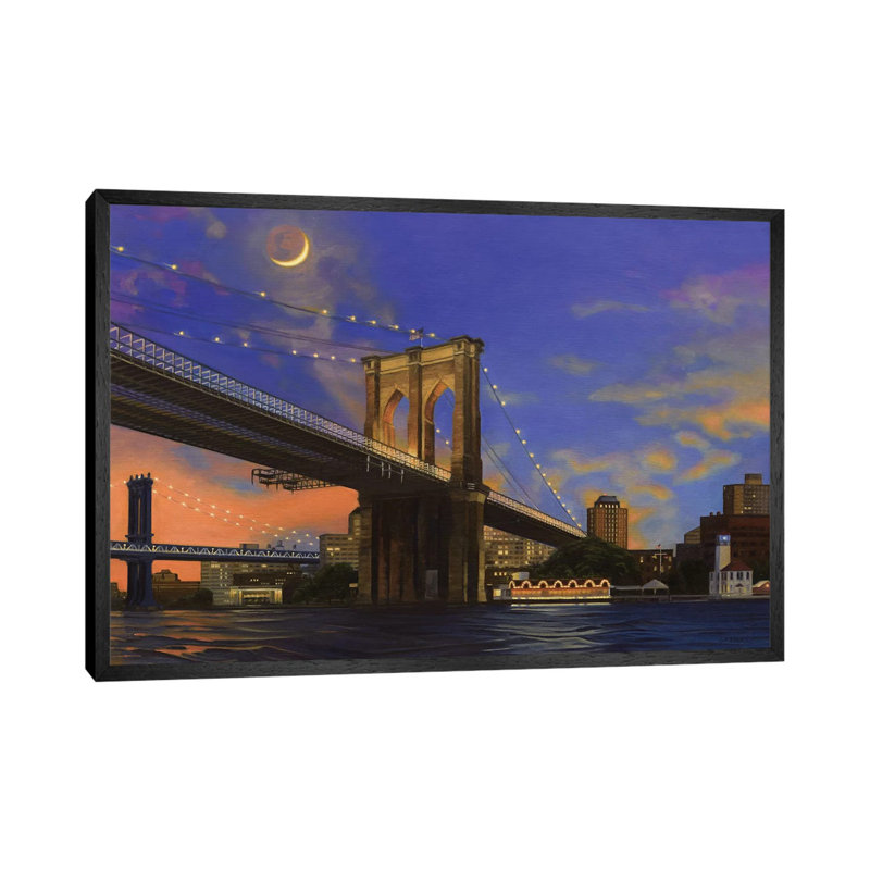 Moonrise Over The Brooklyn Bridge 1 Piece Wall Art on Canvas, 101.6 cm H x 66.04 cm W, Black Framed