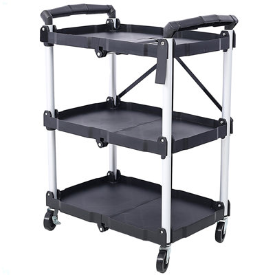 3 Layers Folding Collapsible Service Cart Pack-N-Roll Folding Collapsible Service Cart, Black, 50 Lb. Load Capacity Per Shelf