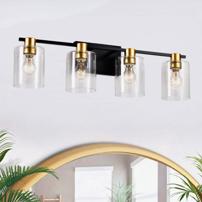 4-Light Matte Black + Matte Gold Colour Bathroom Light Fixtures, Modern Vanity Lights with Glass Shade, Vintage Light Fixture Bathroom Over Mirror Wall Lights for Kitchen Dinning Room Bedroom Hallway
