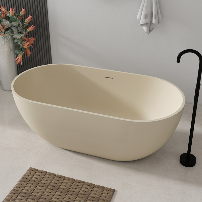 59'' Freestanding Soaking Solid Surface Bathtub Stone Resin Bath Tub with Overflow, Pop-up Drain, Milk-Coffee, milk-Coffee