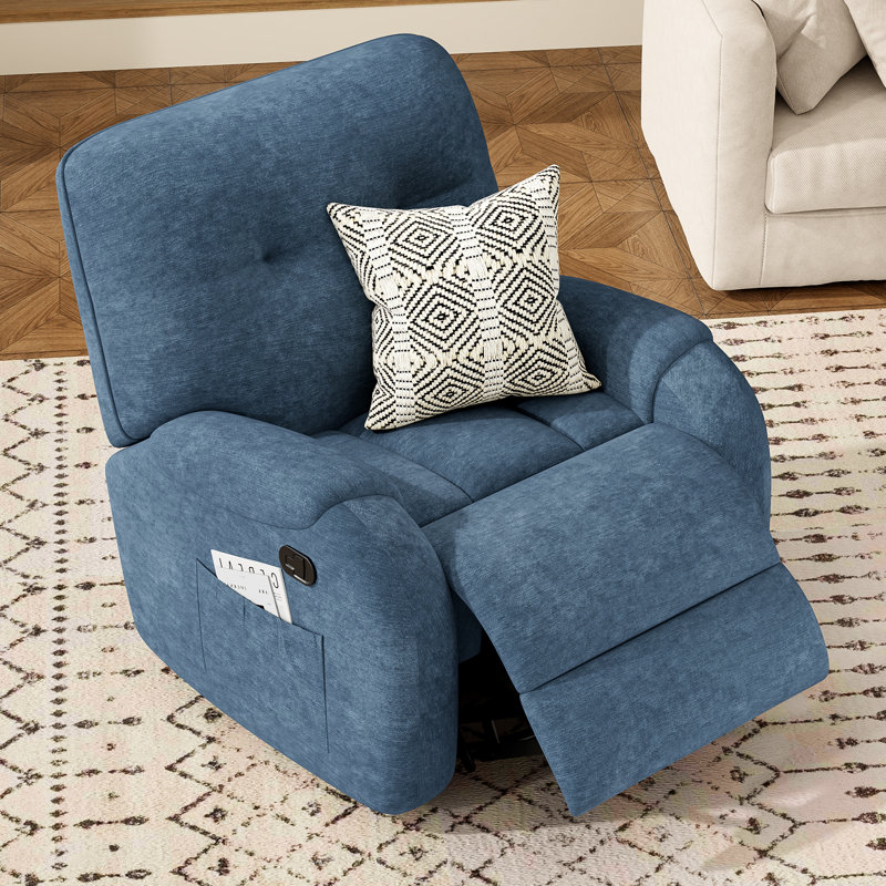 Modern Chenille Swivel Rocking Blue Recliner, Blue