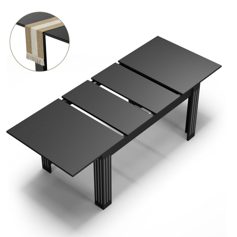 54-84" Extendable Rectangular Dining Table for 4-8 People, Wood Kitchen Table, Includes Table Runner- Black, Black