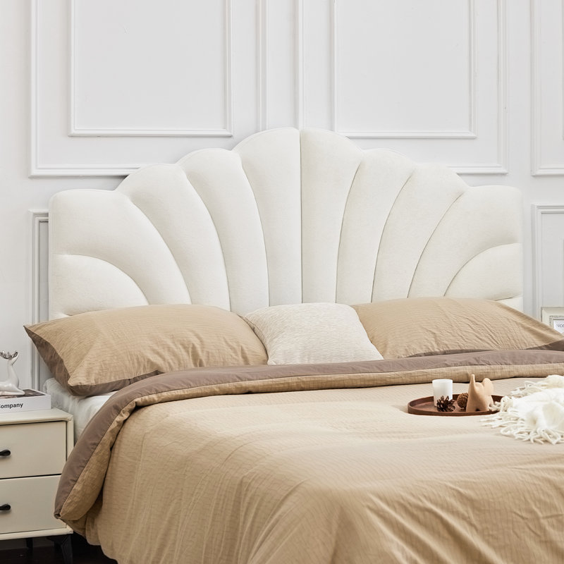 Petal-Shaped Tufted Upholstered Headboard Adjustable Height & Width Bed Head Backrest, Velvet White, Full/ Queen