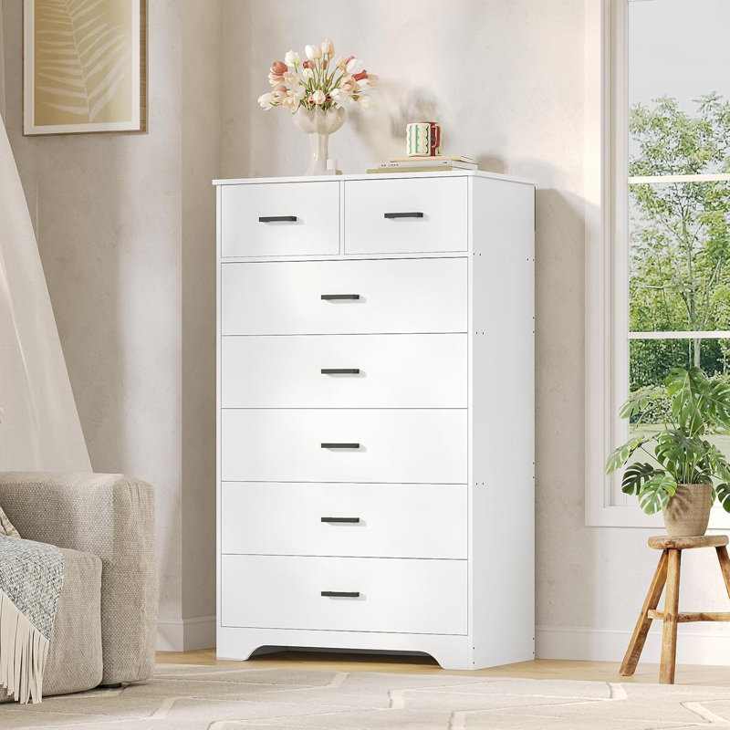 54.4" Tall Dresser Chest of Drawers, Dresser for Bedroom with 7 Drawers, White, White