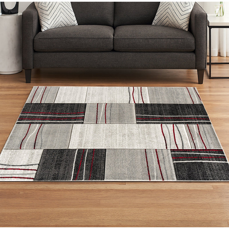 Tapis rectangulaire en polyester ciselé à la main 9 pi x 12 pi, motif de rectangles turquoise gris argenté, Grey/Black/Blue