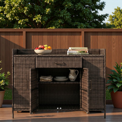 Armoire de rangement extérieure en rotin résistant aux intempéries avec bureau en verre trempé, grand tiroir et tablettes réglables