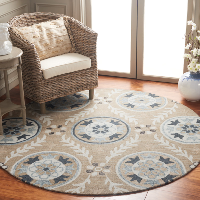 Tapis floral en coton touffeté à la main Jardin Ivoire / Beige, Rond 6 pi