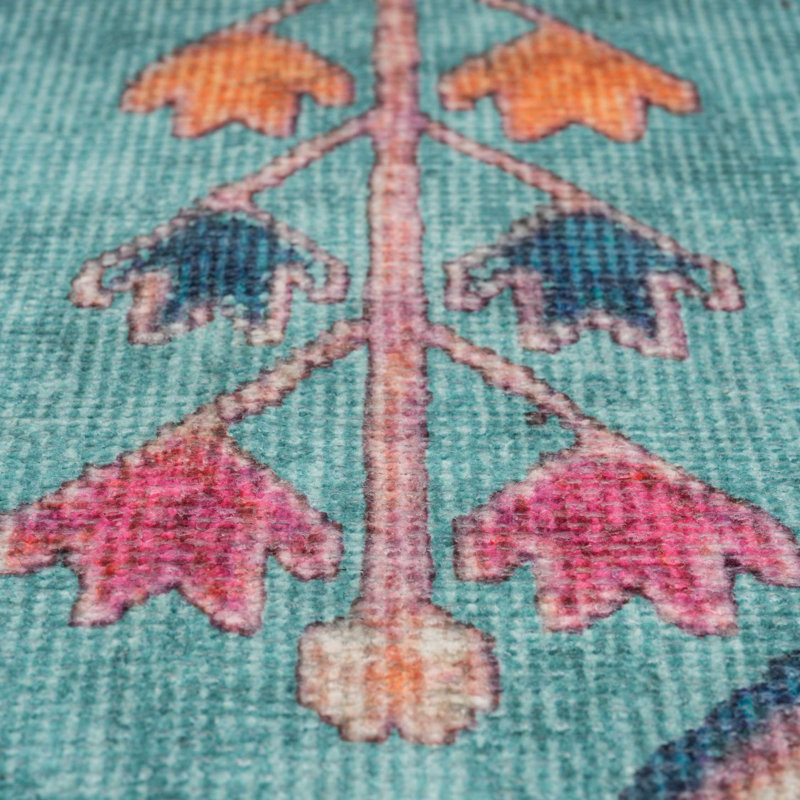 Machine Washable Teal Pink Contemporary Maximalist Distressed Living Room Area Rug, Rectangle 60 x 110cm