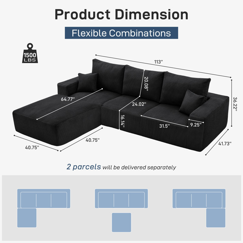 Canapé modulaire sans assemblage de 113 po Boneless, Velours côtelé noir