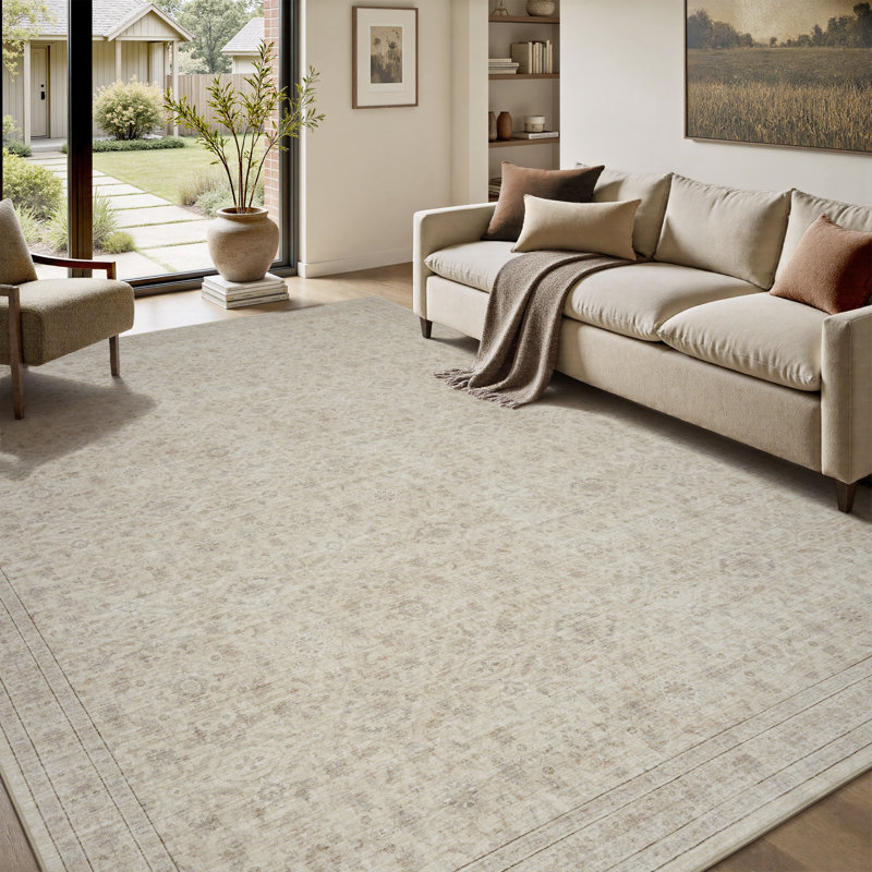 Tapis beige antidérapant lavable d'inspiration rétro pour le salon, la chambre à coucher, Rectangle 9 pi x 12 pi, Beige