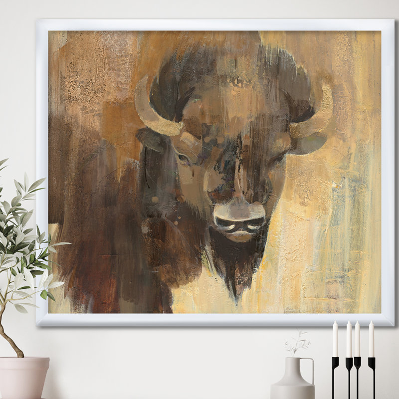 " Into The Wild Gold Buffalo ", 16" H x 16" W x 1" D, White Framed