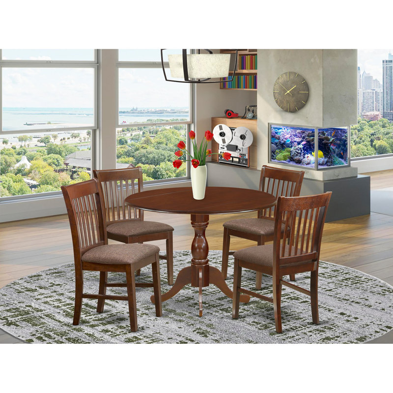 5 Piece Dining Set Includes a Round Dining Room Table with Dropleaf and 4 Linen Fabric Upholstered Kitchen Chairs, 42x42 Inch, Mahogany