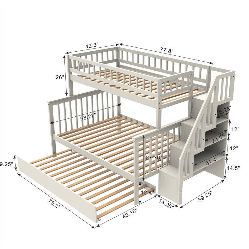 Lit simple superposé au dessus d'un escalier avec lit gigogne, Crème, crème