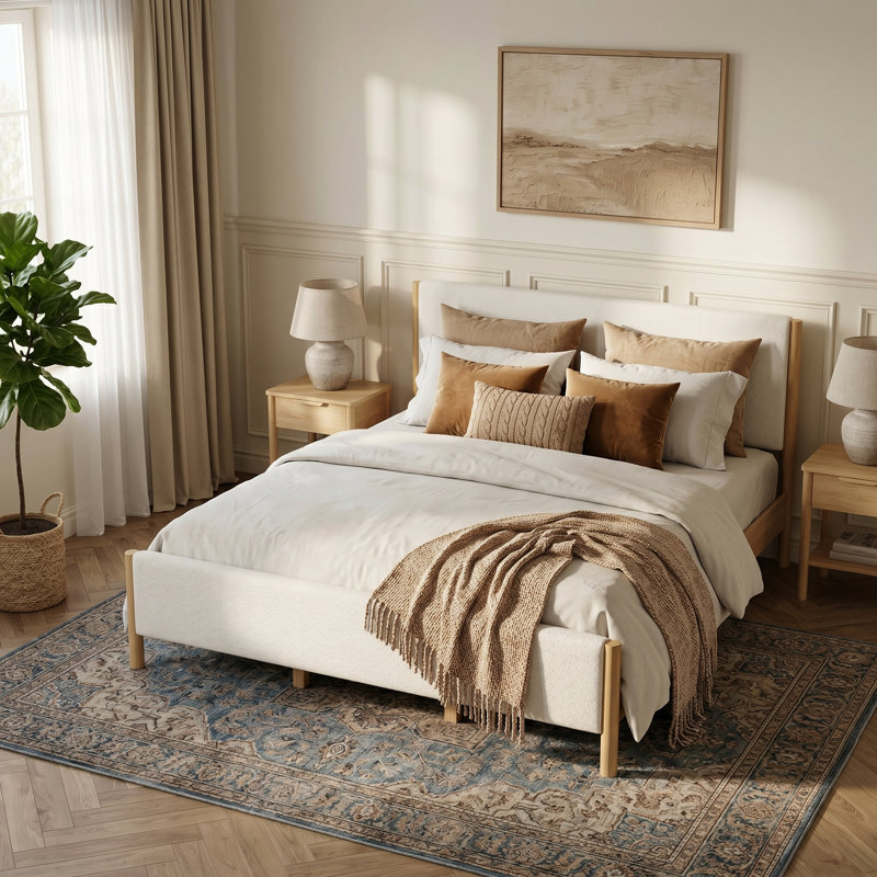 Très grand lit capitonné moderne blanc avec pieds en bois d'hévéa - Tissu texturé doux, élégant et durable, Très grand lit