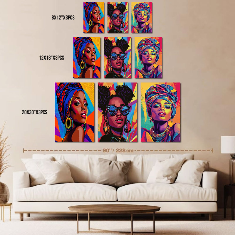 Guttaty 3PCS, art mural afro-américain moderne, femmes noires, impression sur toile abstraite vibrante, décoration artistique multicolore, peinture d'art contemporain pour salon, bureau de chambre à coucher, 16 po x 24 po x 3 pièces