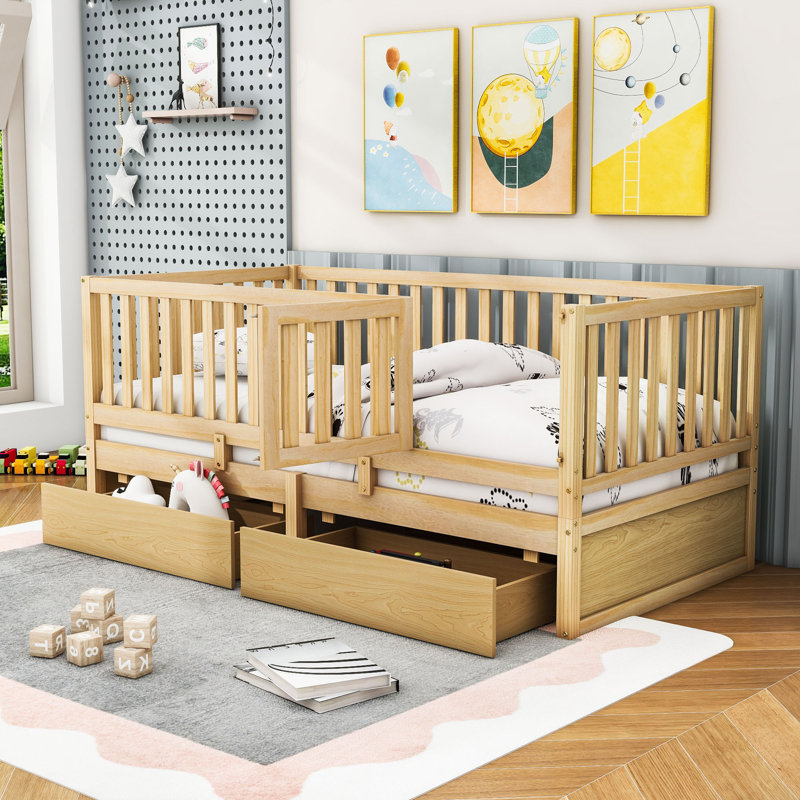 Storage Wooden Floor Bed with Guardrails and 2 Drawers, Twin, Natural