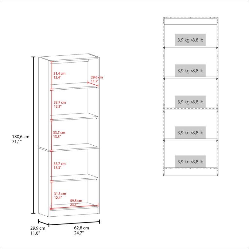 Stained Walnut Bookcase With Open Storage And 5 Shelves, Walnut