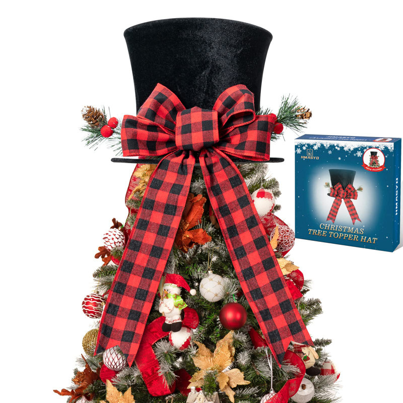 Christmas Tree Topper - Large Black Tree Topper With Buffalo Plaid Bow Ribbon Ornament