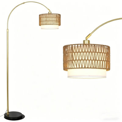 Gold Arc Floor Lamp with Rattan & Linen Shades, Remote & Foot Switch, Dimmable LED Bulb 3000K-6000K, Height Adjustable Farmhouse Standing Lamp for Living Room Bedroom