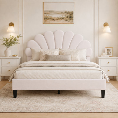 Lit plateforme tapissier avec tête de lit en velours floral Tayveion