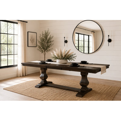 Hewitt 76.5"–94.5" Extendable Dining Table · Double Pedestal Base · Rustic Brown