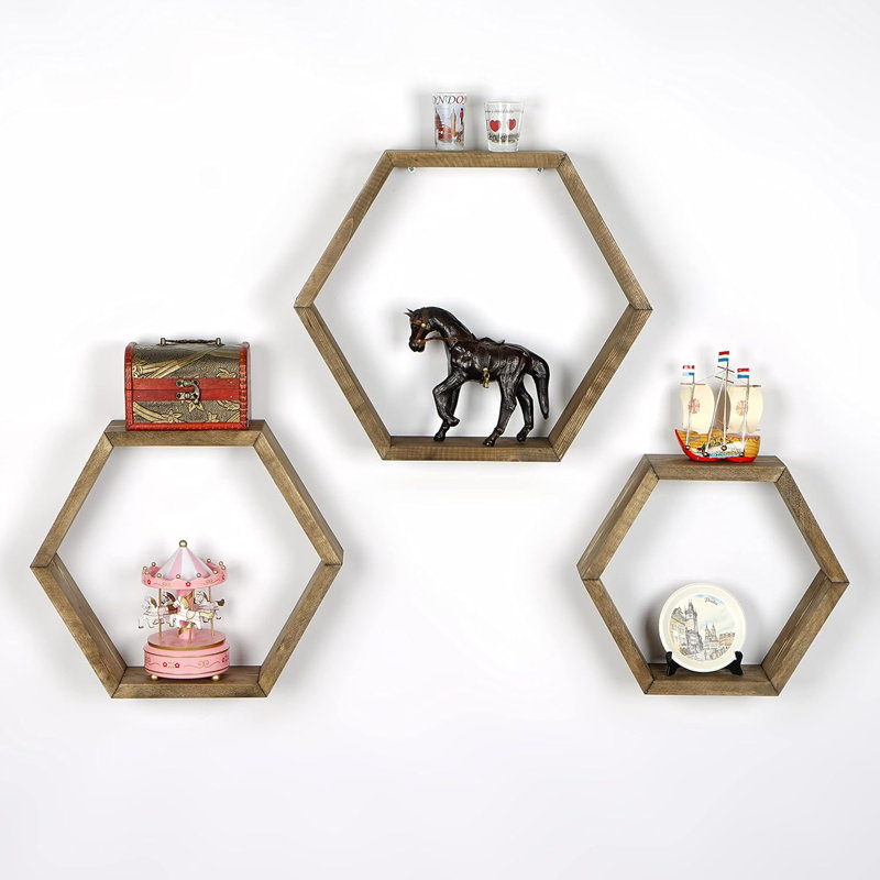 3-piece Floating Hexagon Wall Shelves – Rustic Farmhouse Handmade Storage & Décor