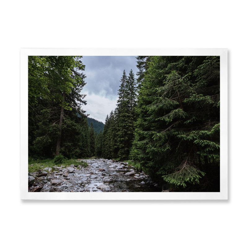 Paysage de montagne avec rivière et arbres forestiers - Peinture sur toile, H 16 po x l 32 po