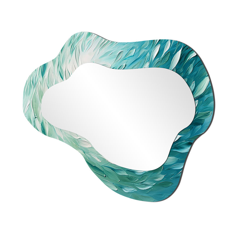 Green Turquoise Boho Feather Wave - Feathers 3D Shapes Irregular Modern Large Wall Mirror, 25" x 28"