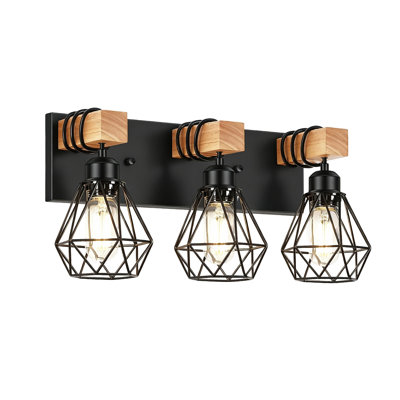 Rustic Industrial Bathroom Vanity Light, Wood & Matte Black Metal Cage Wall Sconce, Farmhouse Wall Lighting Fixture for Mirror Bedroom Hallway