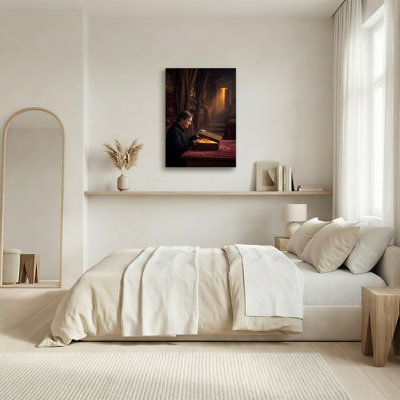 Woman Opening Wooden Box In Dimly Lit Library Canvas Wall Art