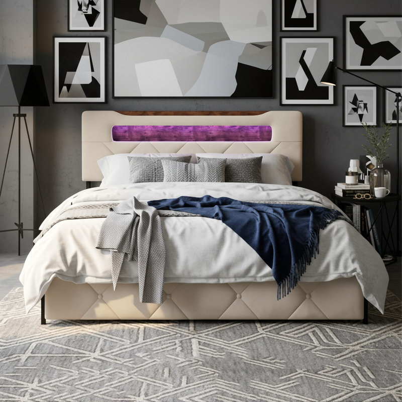 EU Double & King Velvet UPholstered Storage Bed With 4 Drawers, LED Shelf Headboard & USB-C Charging, Gre&Beige, 140/160X200cm