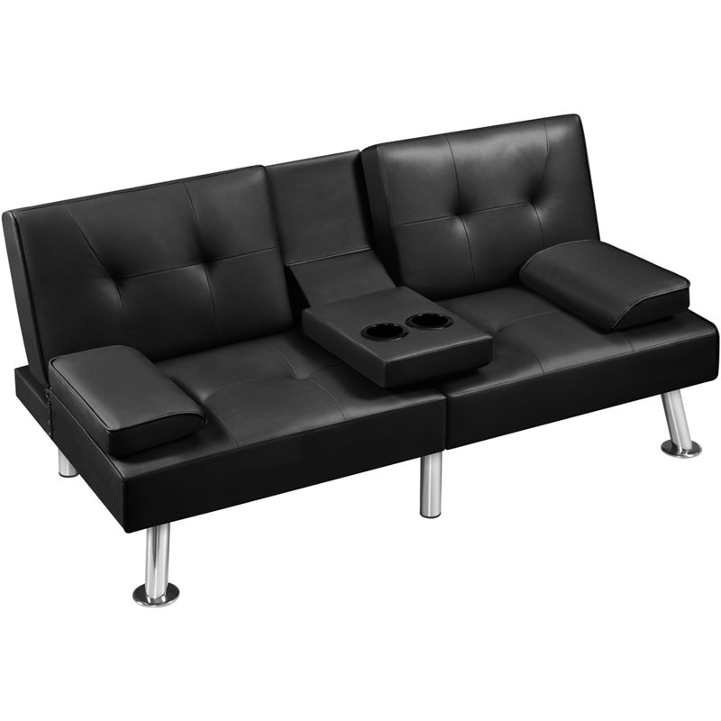 Canapé convertible en similicuir de 66 po avec porte-gobelet Janni, H 28 po x l 63 po x P 31,5 po, Black