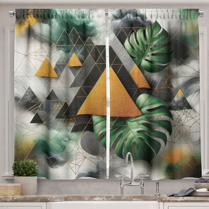 Abstract Green and Gold Polyester Kitchen Window Curtains, 55" x 36", Set of 2
