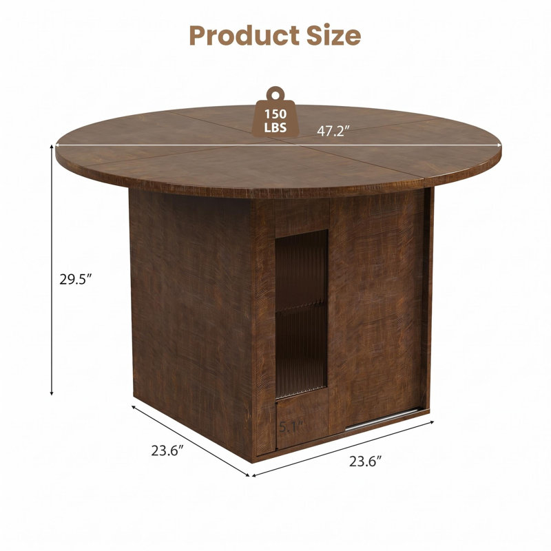 Table de salle à manger 47 "ronde pour 4 à 6 personnes, table de cuisine carrée moderne avec tablettes de rangement à 2 niveaux, porte coulissante en verre cannelé, grain de bois brun