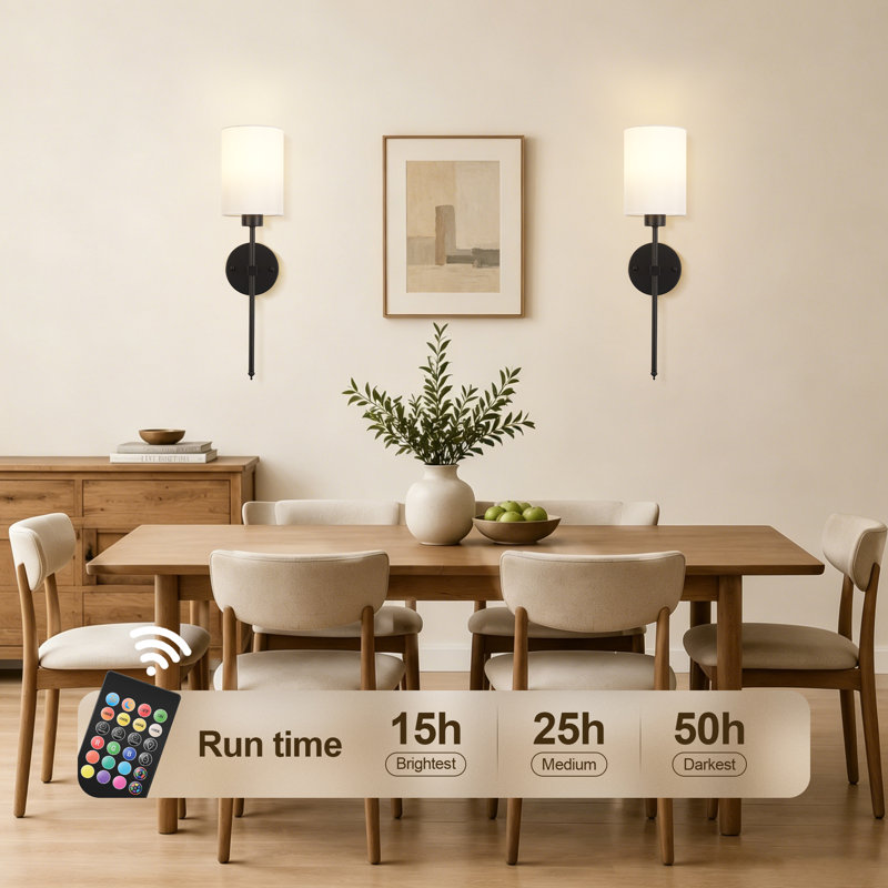 Paquet de 2 appliques murales à piles avec télécommande et abat-jour en tissu, 1800 K-6000 K / à intensité variable / RVB / minuterie / mémoire, 20,5 pouces