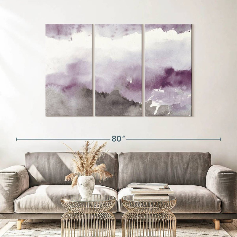 Paysage abstrait, minuit sur le lac, améthyste et gris sur toile, ensemble de 3 pièces, H 36 po x l 57 po x P 1,25 po