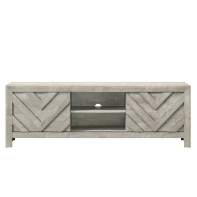 Meuble télé Valor en blanc antique, portes coulissantes et tablettes ouvertes, gestion par câble, impression sur bois, style transitionnel gris, 71,08 de profondeur, 15,92 de largeur, 23,59 de hauteur, 99,97 lb de blanc avec porte et tablette