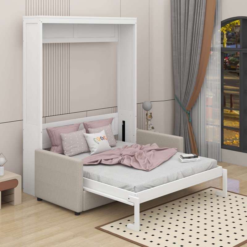 Lit escamotable double avec coussin, Blanc