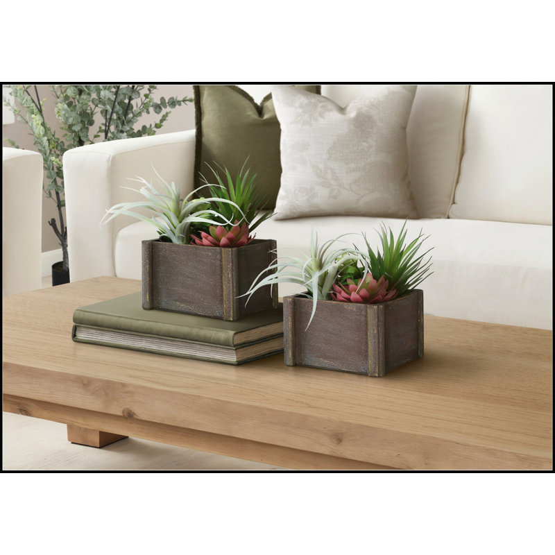 Ensemble de 2 plantes succulentes artificielles, 25 cm de hauteur, avec pots en bois brun pour une décoration de table moderne