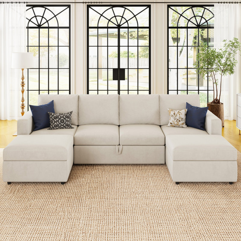 Rafael U Shaped Sofa Set Convertible Large Pull out Sofa Bed Livingroom Sleeper Modular Sectional Couch With Storage Ottoman