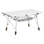 Table de pique-nique extérieure en aluminium argenté, pliable et à hauteur réglable, avec un plateau en maille de 90 cm de large, une structure en acier sans soudure pour une stabilité optimale, et un format compact et enroulable pour un rangement facile dans un garage.