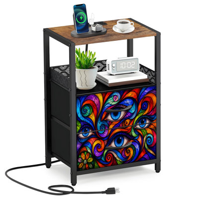 Table de chevet 2 tiroirs en tissu avec station de charge hippie art psychédélique table de chevet sans couture magique