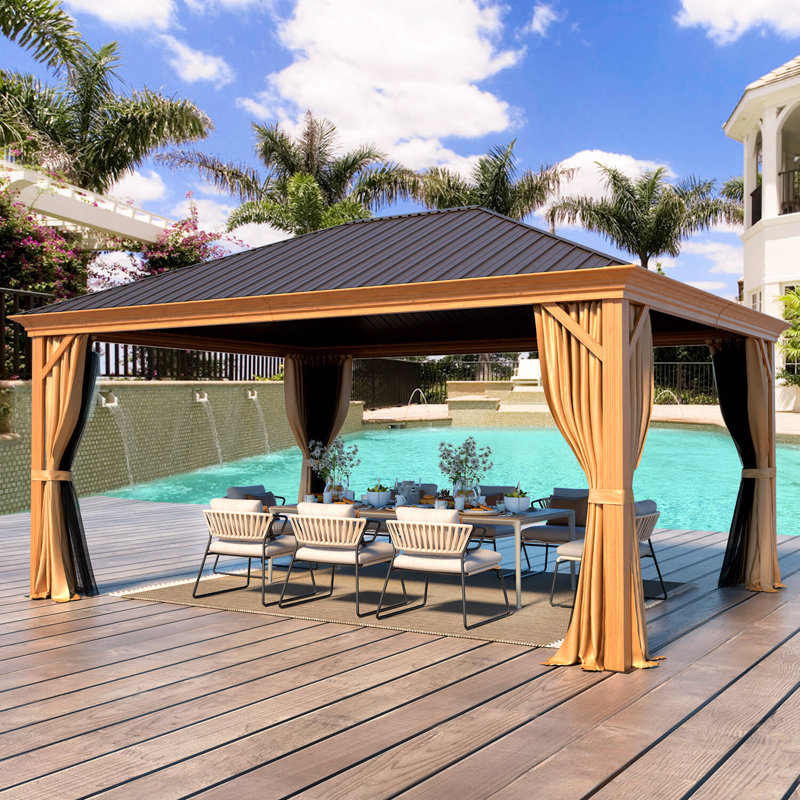 12'x16' Hardtop Gazebo Wood Grain Aluminum Frame Outdoor Gazebo With Galvanized Steel Single Roof, Curtains & Nettings For Backyard, Patio And Garden